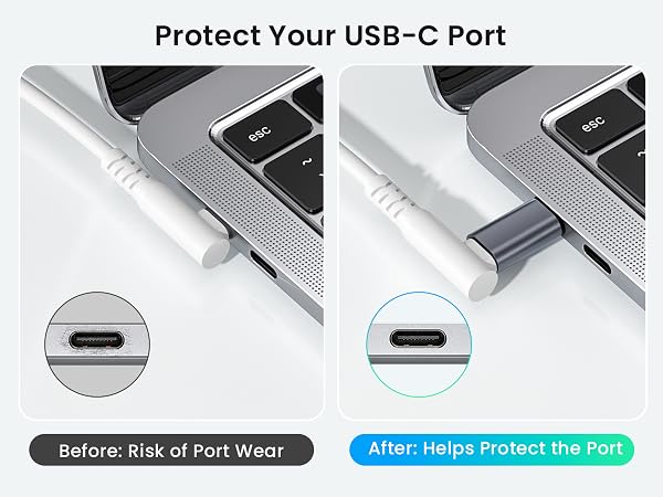 Text reads 'Protect Your USB-C Port', 'Before: Risk of Port Wear', 'After: Helps Protect the Port'. Close-up images showing USB-C port protection comparison.
