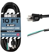 Iron Forge Cable 14 AWG Replacement Power Cord with Open End - 10 Ft Black Extension Cable, 14/3 ...