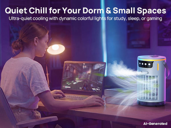 Quiet mini portable air conditioner for dorms and small spaces with colorful lights for study sleep