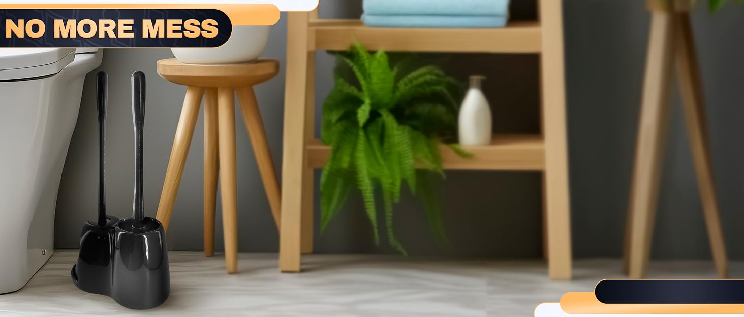 Black bathroom toilet brush and plunger set stands on the floor near a wooden stool and plant