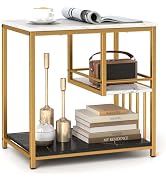 Giantex Side Table with Storage, 3-Tier End Table with Golden Polished Steel Frame Sofa Couch Tab...