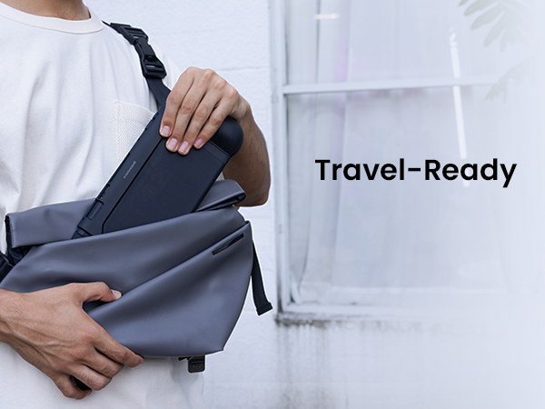 Text reads 'Travel-Ready'. Sequence showing dark gray foldable or collapsible item being unfolded and manipulated against white background.