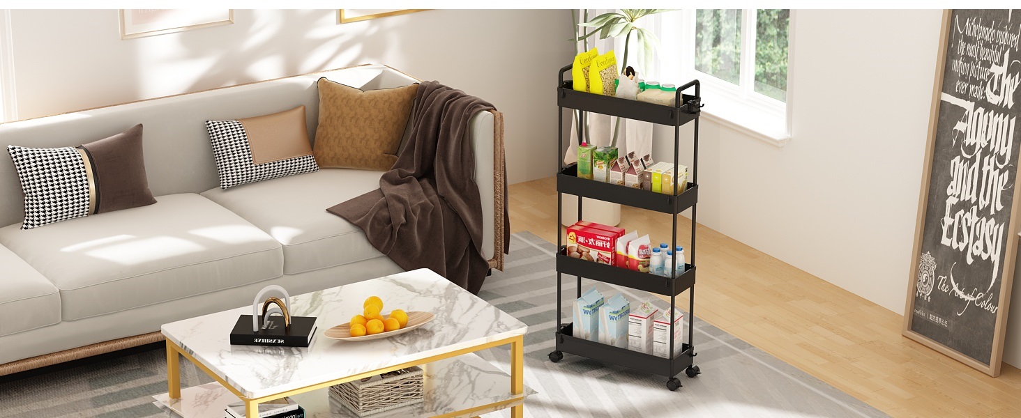 Slim Rolling Storage Cart with Wheels 4 Tier Skinny Bathroom Storage Organizer Narrow Shelf Unit