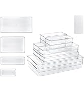 Clear Desk Drawer Organizer Set, 12Pcs Plastic Storage Bin with 50Pcs Non-slip Silicone Rubber Fe...