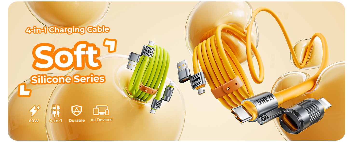 Silicone Multi Cords 4 in 1 USB C Cable Compatible with Lightning Cable 60W Fast Charge