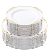 Bestluck 100 PCS White and Gold Plastic Plates for 50 Guests, Gold Disposable Plates Include 50 P...