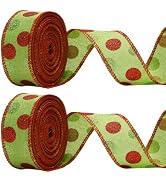 Christmas Wired Ribbon 22 Yards 1.5 Inch Christmas Red Green Dots Ribbon 2 Rolls Christmas Glitte...