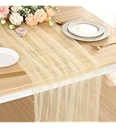 Mwellewm Champagne Gold Table Runner Pearl 120 Inch 10FT Wedding Table Decor Tulle Fabric Lace De...
