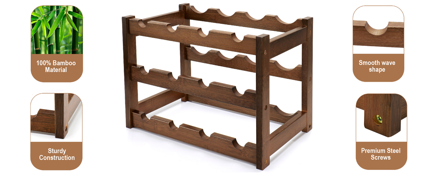 Easy-Assembly Freestanding Bamboo Wine Racks Countertop for Kitchen Pantry Dining Room Bar, Walnut