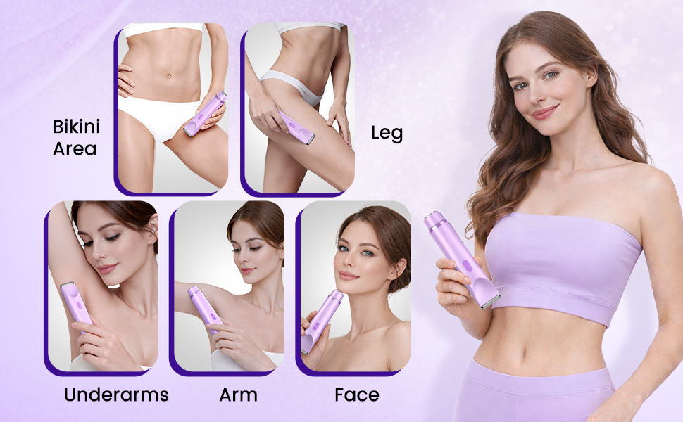 Women’s electric trimmer designed for bikini line, legs, underarms and facial hair.