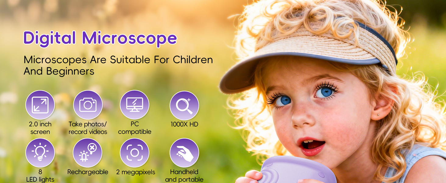 Text reads: 'Digital Microscope' and 'Microscopes Are Suitable For Children And Beginners'. Eight purple circular icons showing microscope features and specifications.