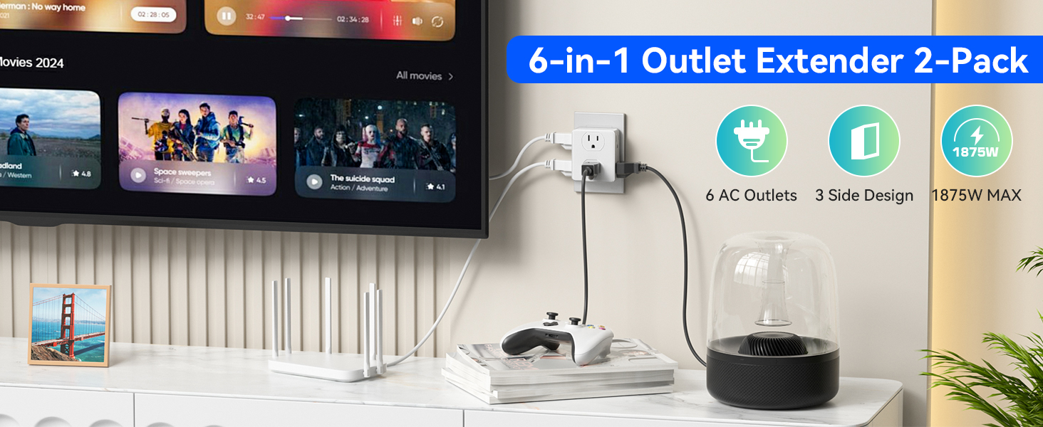 6 in 1 Outlet extender splitter with 4 side AC outlets