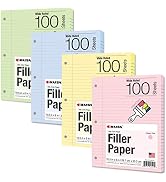 Kaisa Filler Paper Colored loose Leaf Paper, Wide Ruled 8x10.5in Colored Paper, 3-Hole Punched fo...