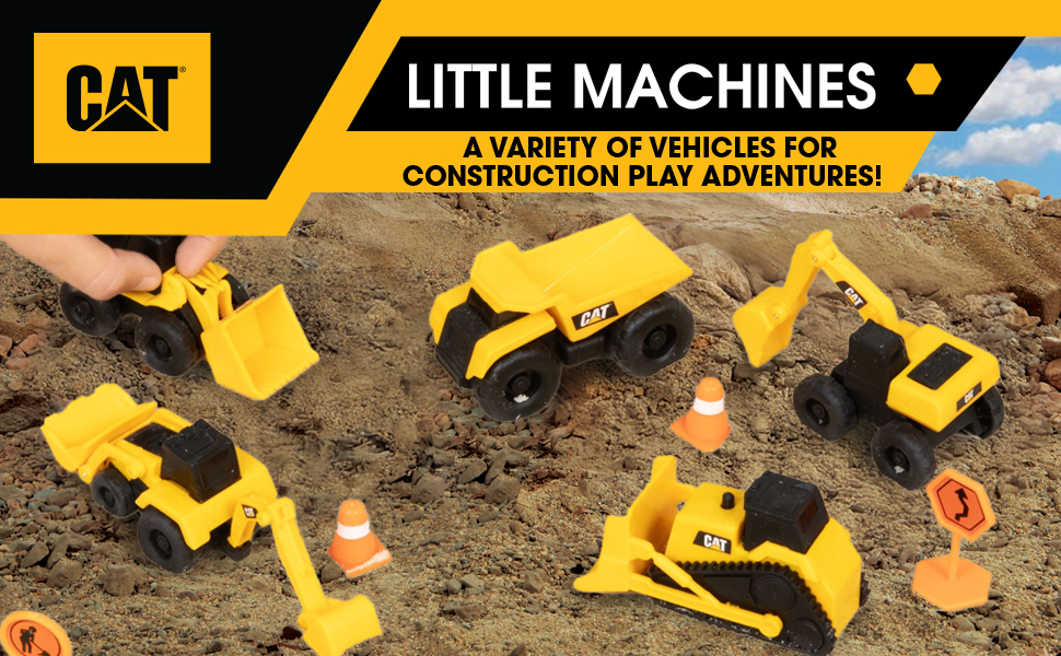 Five 3 inch cat construction little machine vehicle toys on dirt with safety cones and signs