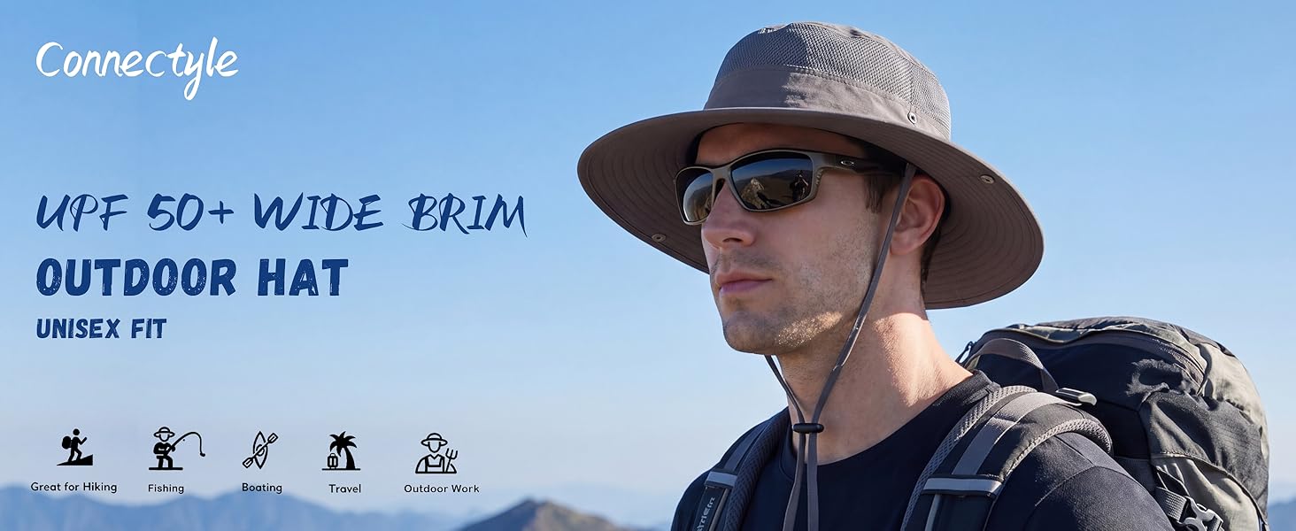 Connectyle UPF 50+ Wide Brim Sun Hat for Men Breathable Cowboy Bucket Hat fishing Hiking hat