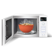 White microwave oven with open door, showing an orange bowl filled with steaming food inside. Digital control panel visible on the right side of the appliance.