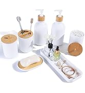 FNGJMJG Matte White Bathroom Accessories Set 7 Pcs,Bamboo Bathroom Accessories Sets,White Soap Di...