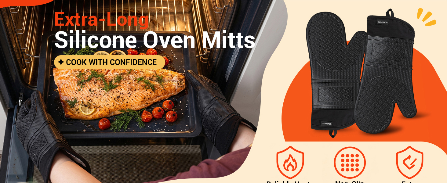 Extra-Long Silicone Oven Mitts,Cook With Confidence