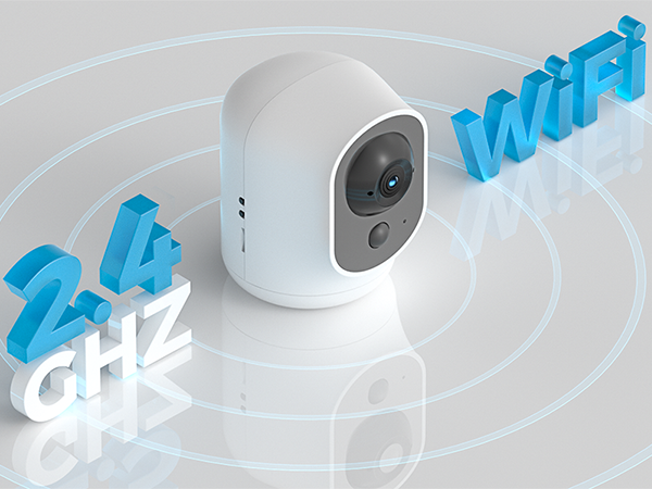 Small, white, egg-shaped security camera with text '2.4 GHz' and 'WiFi' in blue 3D letters. Camera lens visible on the device.