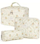 Hatende 3Pcs Cotton Quilted Makeup Bag Set,Large Floral Cosmetic Bag,Aesthetic Toiletry Travel Ma...