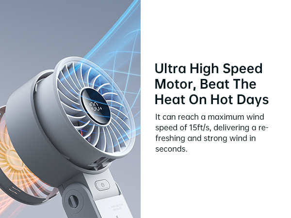Portable fan with ultra-high speed motor, reaching 15ft/s wind speed. Gray cylindrical device with visible fan blades and a control button.