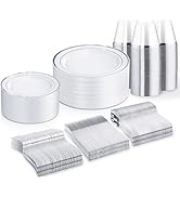 WELLIFE 300 PCS Silver Dinnerware Set for 50 Guests, Silver Plastic Disposable Plates for Party, ...