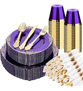Bestluck 350 PCS Purple and Gold Plastic Plates, Disposable Dinnerware Set for 50 Guests, 100 Dis...