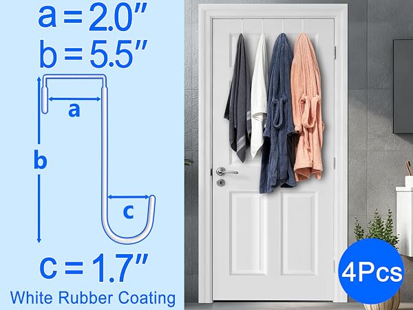 Two bath towels and two bathrobes hang from four hooks on bathroom door with hook size 2" top gap