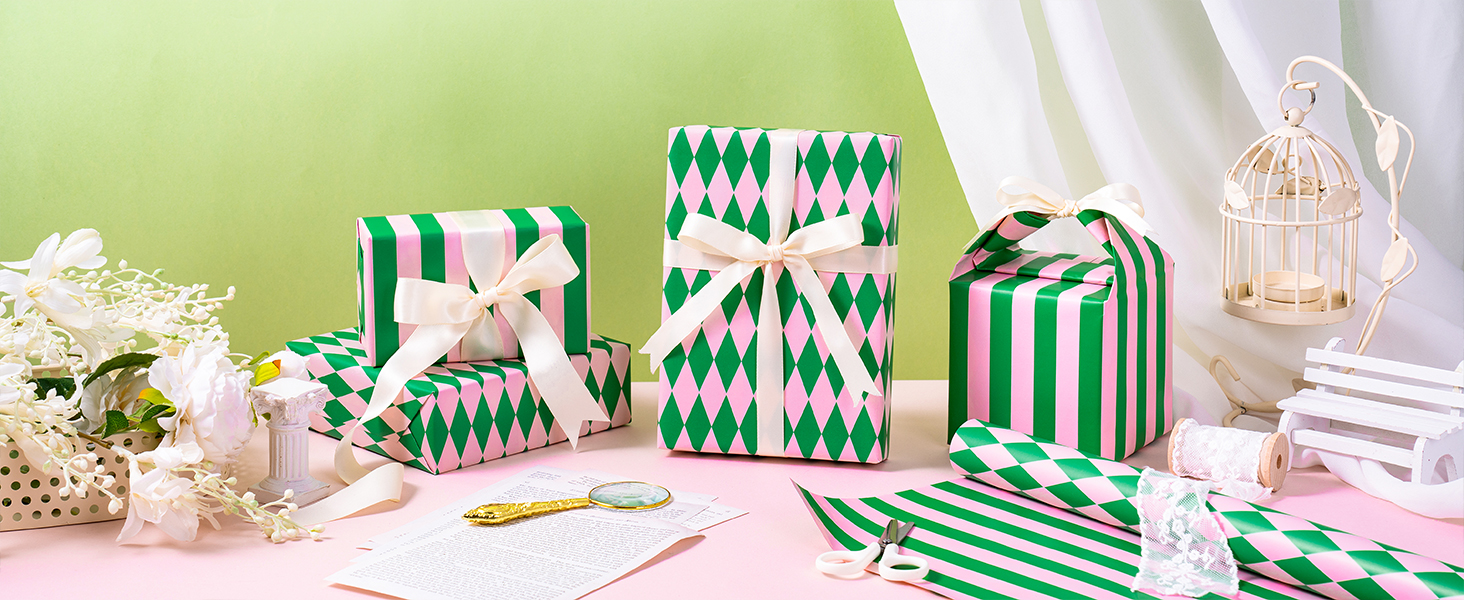 green and pink Stripes and Diamond Pattern Reversible Wrapping Paper