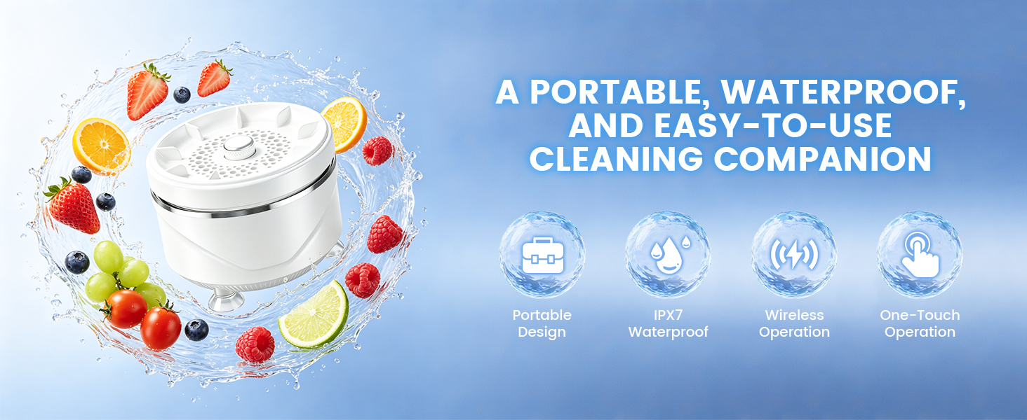 ipx7 waterproof wireless portable fruit vegetable cleaner with one touch control