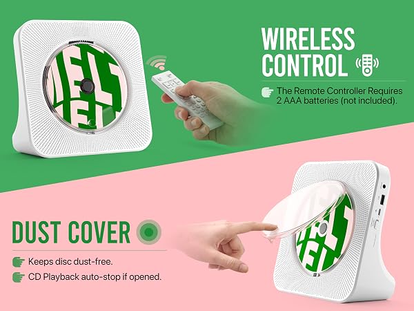 CD player with remote control and dust cover on desktop for home bedroom and living room