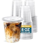 SHOPDAY 8 oz-Plastic-Cups-with-Lids - 200 Pack Disposable Clear Cups with Lids, Small Cups for Co...