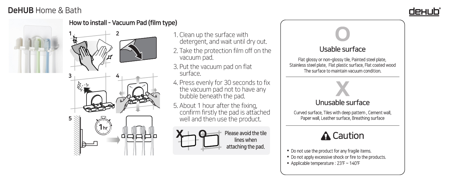 10 DeHUB Vacuum Pad Toothbrush Holder (4brush) VTB4-CC60 PA+ 1464 How to Install