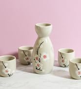 HIBINO Japanese Sake Set - 1 Tokkuri Bottle (5 Oz) & 4 Ochoko Cups (1.3 Oz) - 5pc Ceramic Sake Se...
