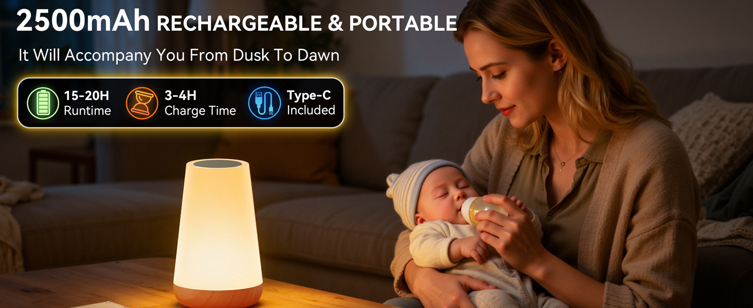 2500mAh rechargeable night light, Type-C charging, 15-20H runtime, portable lamp for baby care