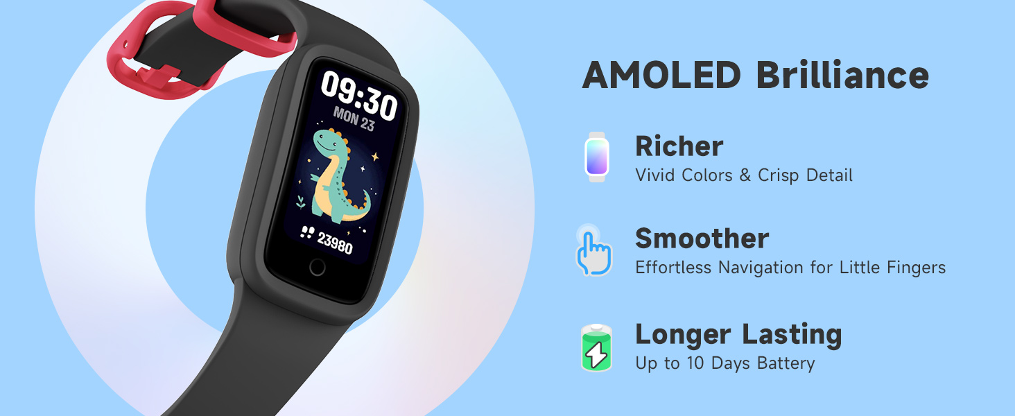 Text reads 'AMOLED Brilliance', 'Richer', 'Smoother', 'Longer Lasting'. Smartwatch interface displays showing various digital watch faces and features.