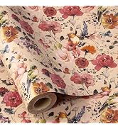 RUSPEPA Blooming Flower Wrapping Paper with Bird and Butterfly Design, 17 in x 32.8 ft Each Roll,...