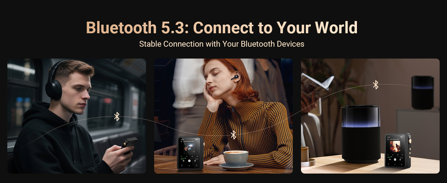 Text reads 'Bluetooth 5.0 - Connect to Your World.' Dark promotional banner featuring wireless connectivity theme.