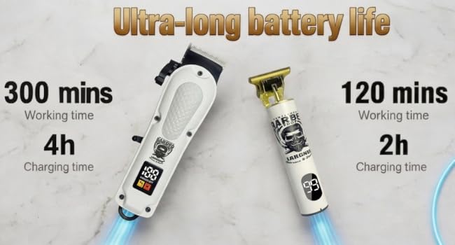 Text reads 'Ultra-long battery life' with specifications: '300 mins' (charging time), '4h' (use time), '120 mins' (quick charge), '2h' (standby). Battery icons shown.