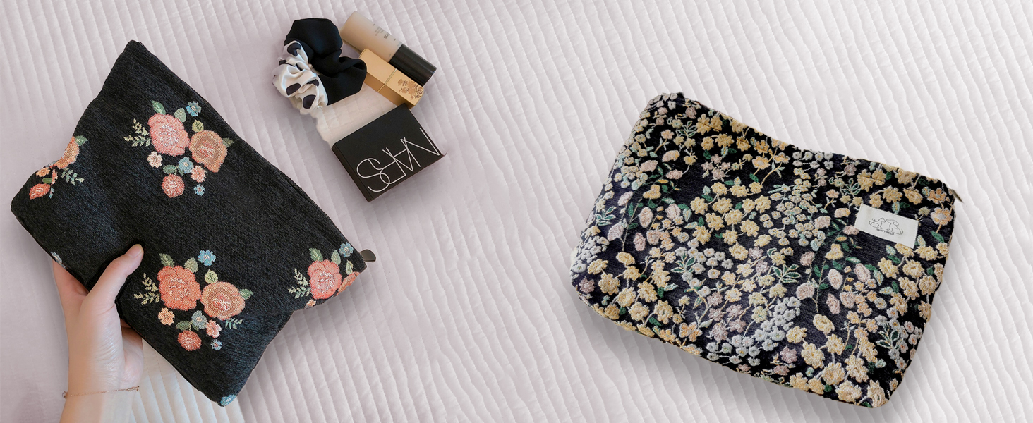 Aesthetic embroidery floral makeup bag medium size, little accessory pouch, black floral