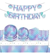 Mermaid Party Supplies Set, Birthday Decorations, Under the Sea Party Tableware, 24 9''Plates, 24...