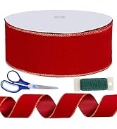 Winlyn 50 Yards Christmas Red Velvet Gold Edge Wired Ribbon 2-1/2" Wide Large Xmas Ribbon Trim Gi...