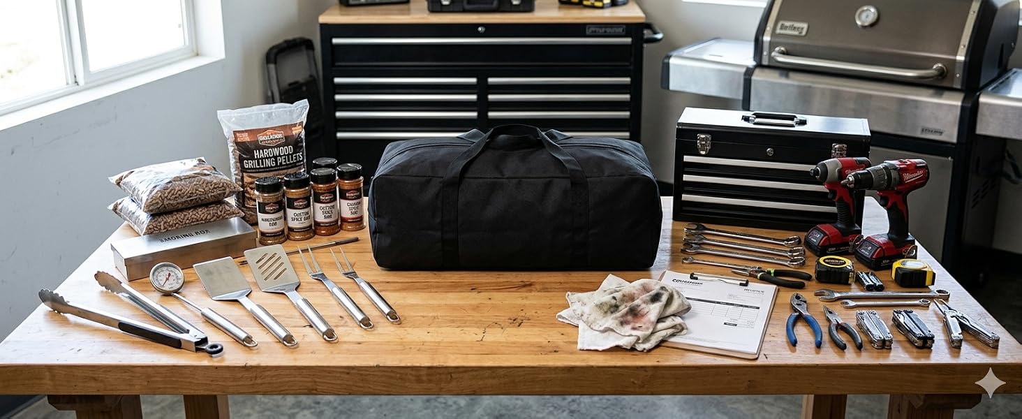 52L bag placed on a rugged workbench, surrounded by professional tools and BBQ gear.