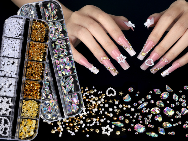 Multi-shape AB Nail Crystal & White and Gold Nail Pearls