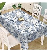 Livcoz Chinoiserie Flower Rectangle Tablecloth 60 x 84 Inches, Blue and White Porcelain Floral Bu...