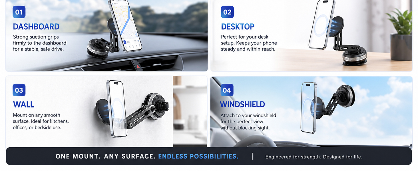 Multi functional, can be used on desktops, windshields, walls, center consoles, etc