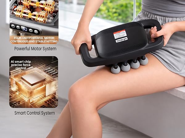 Dual-handle massager used on thigh for controlled deep tissue relief