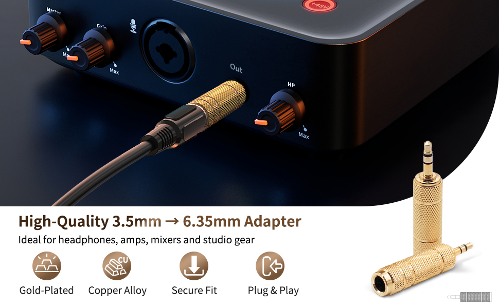 3.5mm male to 6.35mm female adapter plugged into audio interface copper alloy and gold contact