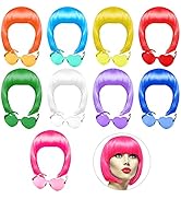 PLULON 9 Pcs Colorful Short Bob Wig and 9 Pcs Sunglass Set Neon Colored Wigs Cosplay Wigs Daily P...