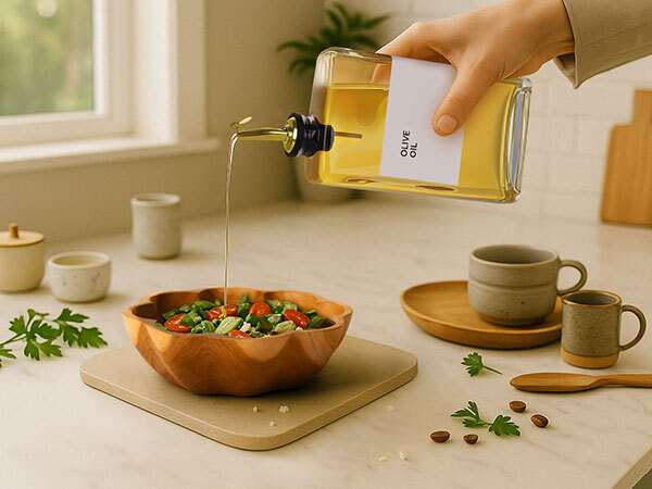 Hand pouring olive oil from labeled glass dispenser onto salad in wooden bowl